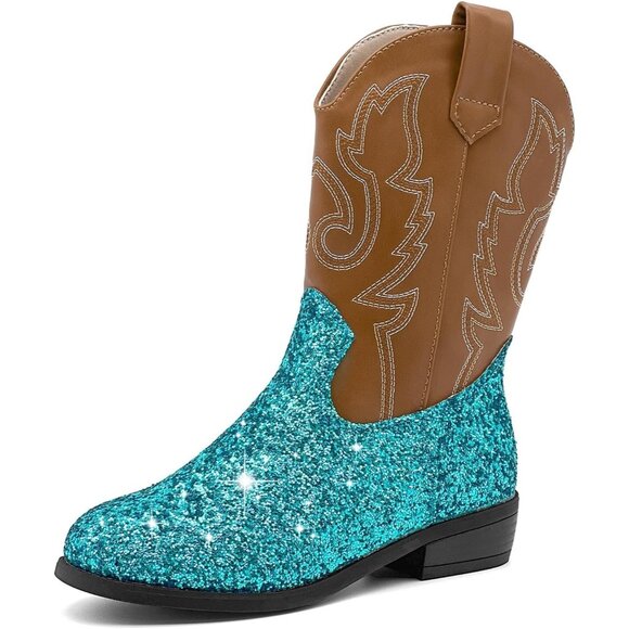 xinlanlin Kids Sequins Blue Embroidered Square Toe Mid Calf Glitter Western Boot - Picture 1 of 6